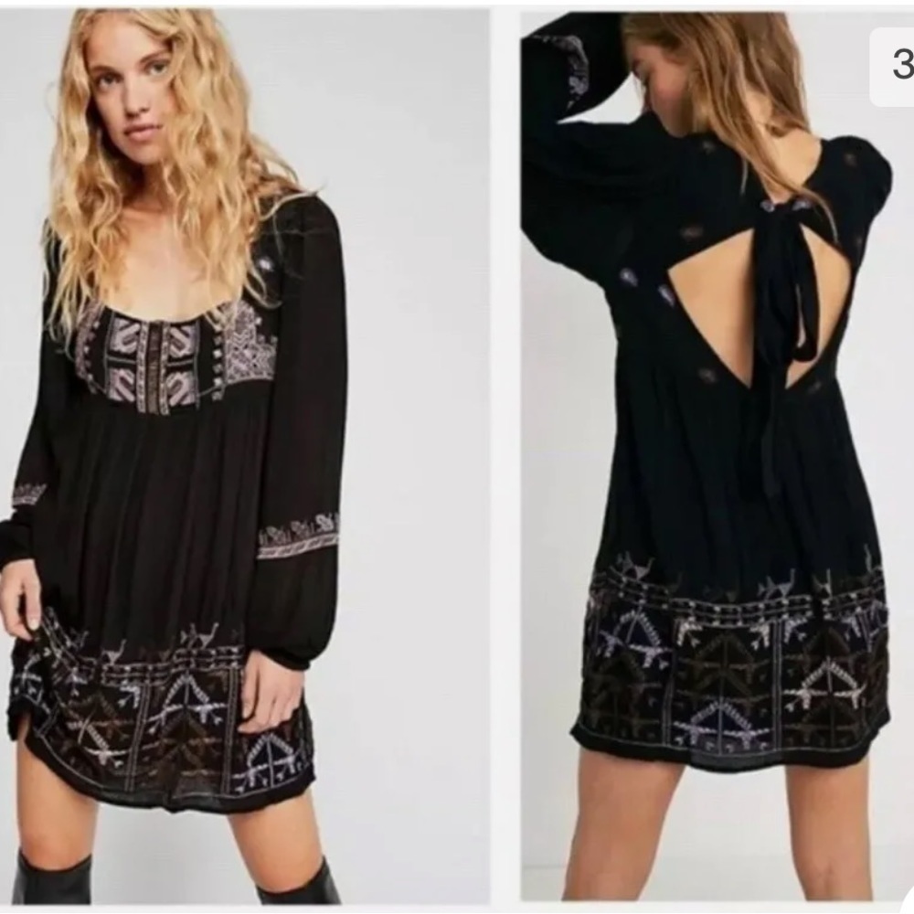 Free People Rhiannon Mini Dress Embroidered  Hippie Tie Back $148 Size Small